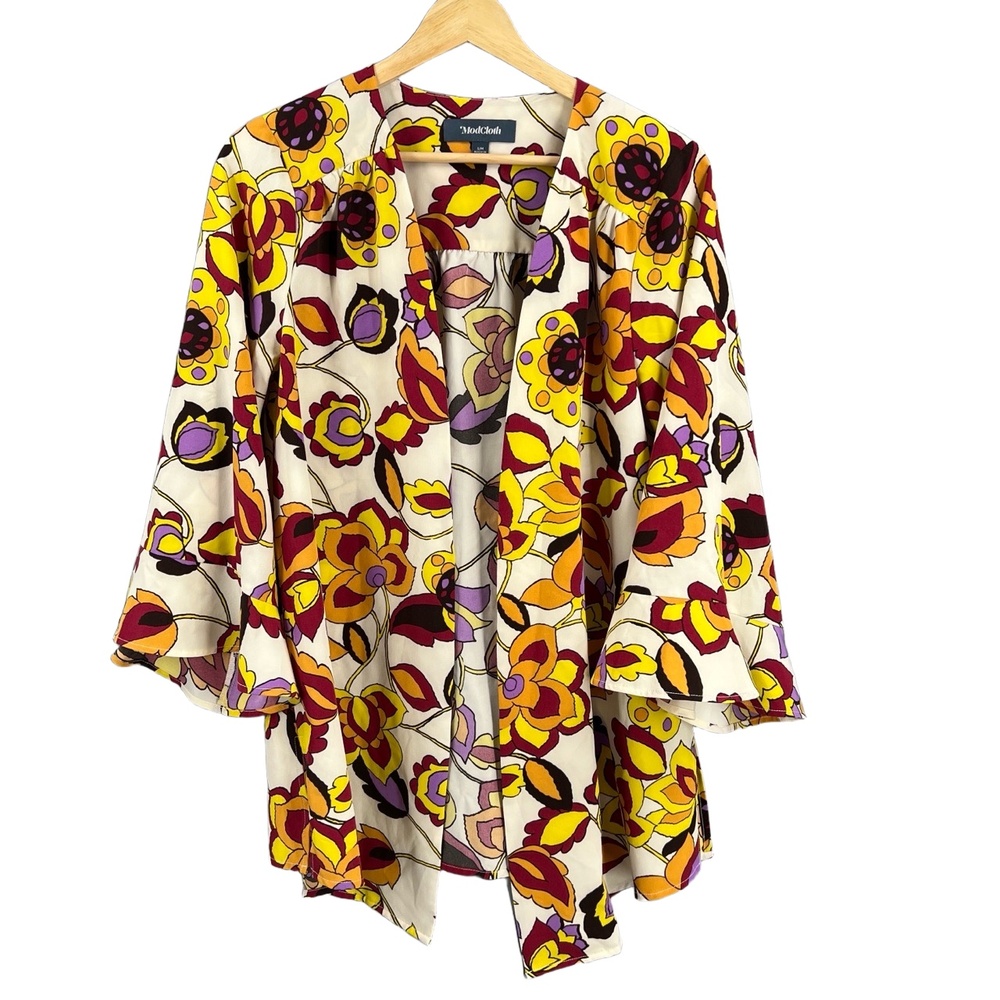 ModCloth Kimono Floral Print Bell Sleeves Open Front Retro Boho 70s S/M